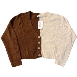 NWT Juniors Chucky Cardigan Two Tone Brown Cream Knit V Neck Button‎ Front Sz L